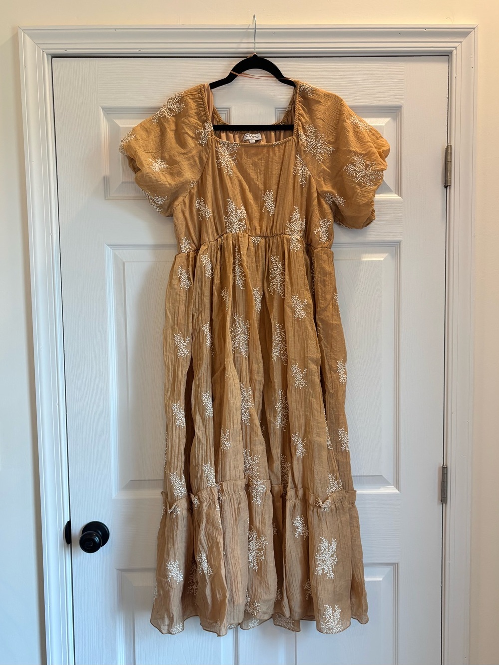 PinkBlush Tan Floral Embroidered Puff Sleeve Midi Dress